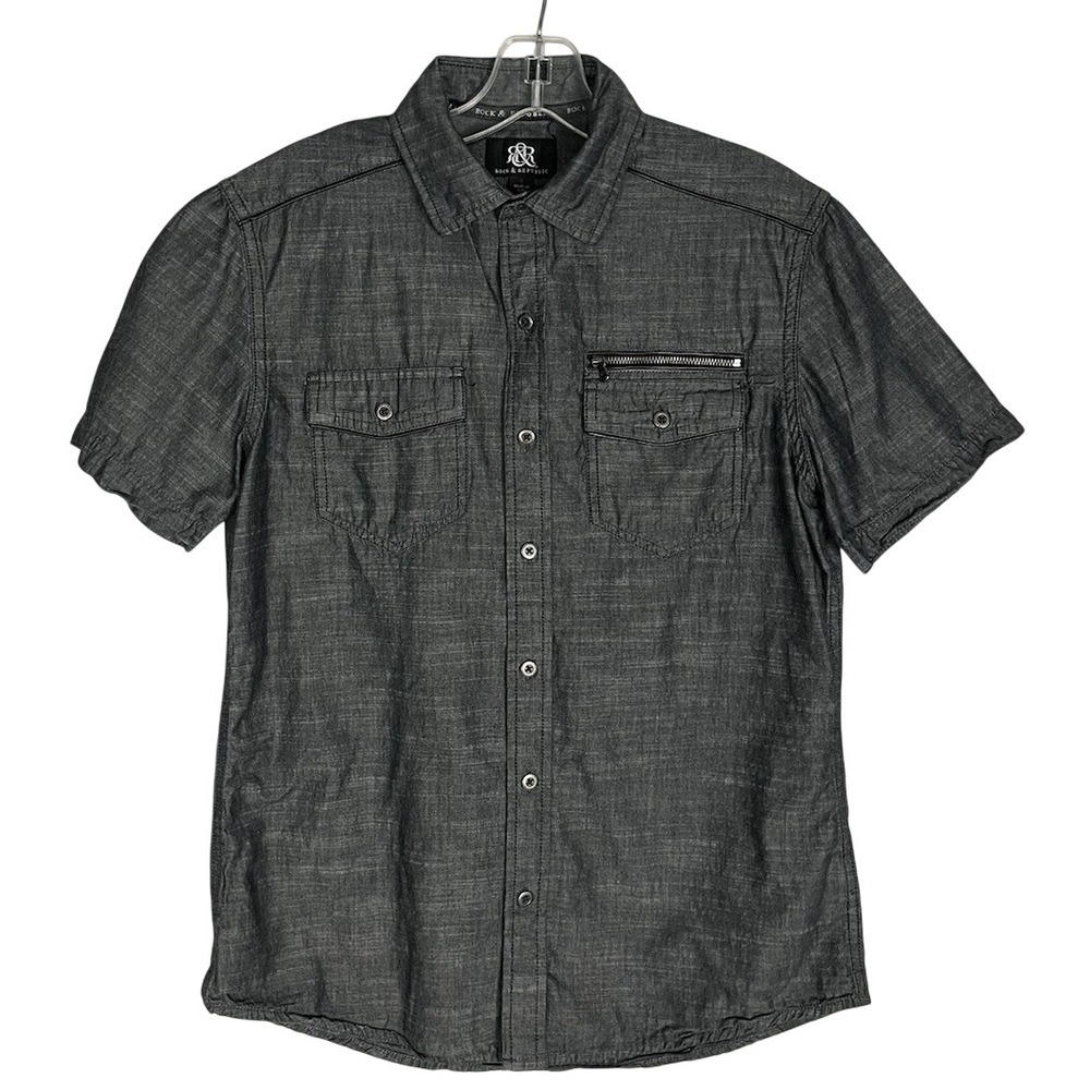 Rock & Republic Shirt‎ Mens S Dark Gray Button Front Short Sleeve 100% Cotton